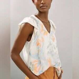 Anthropologie Tiny Floral Frieda Embroidered Top Flutter Sleeve Womens XS Ivory